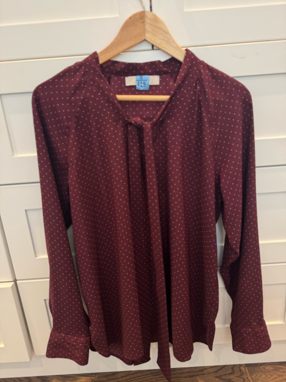 LOFT Burgundy Polka Dot Tie-Neck Blouse